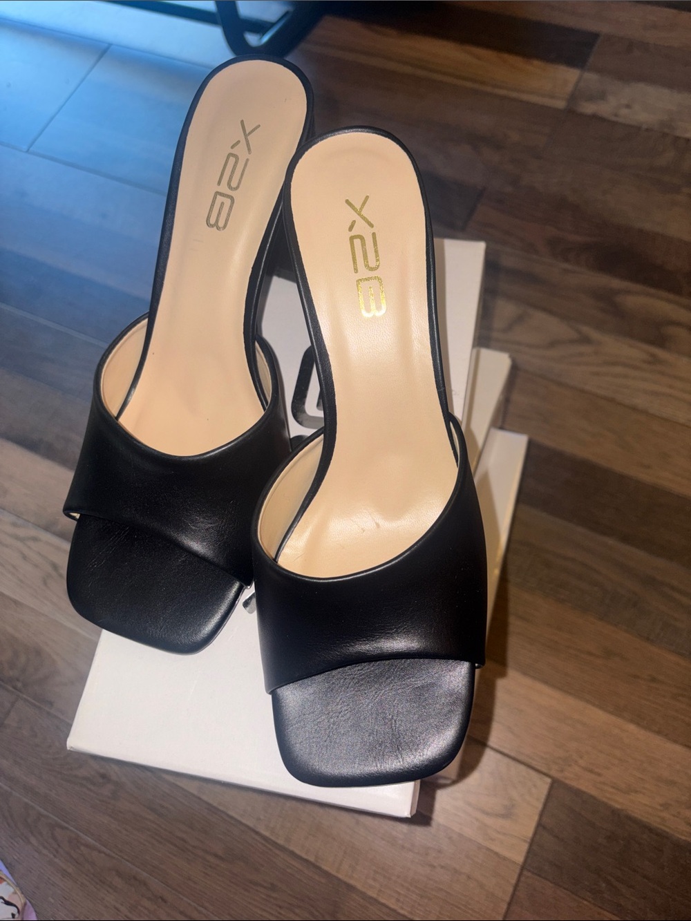 X2 Black Open-Toe Slip-On Mule Heels
